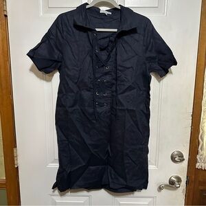Laju Womens Navy Blue 100% Linen Front Lace Up Short Sleeve Casual Dress X-Large